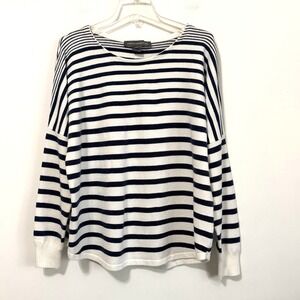 French Connection Drop Shoulder Sweater L Blue White Stripe Long Sleeve Cozy Top